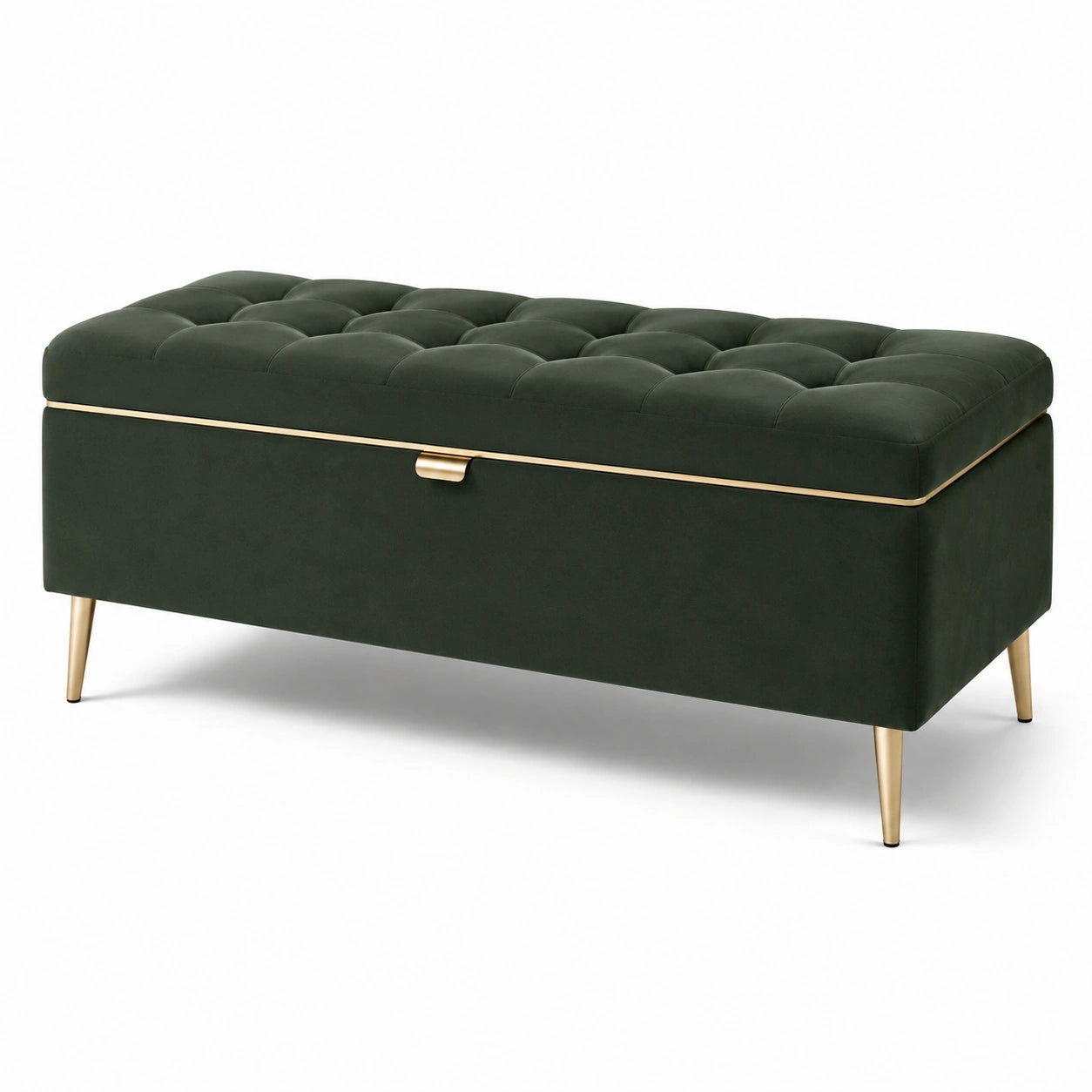 Gepolsterte Sitzbank mit Stauraum und Klappdeckel, dunkelgrüner Samt mit goldfarbenen Details, 110 × 42 × 46 cm