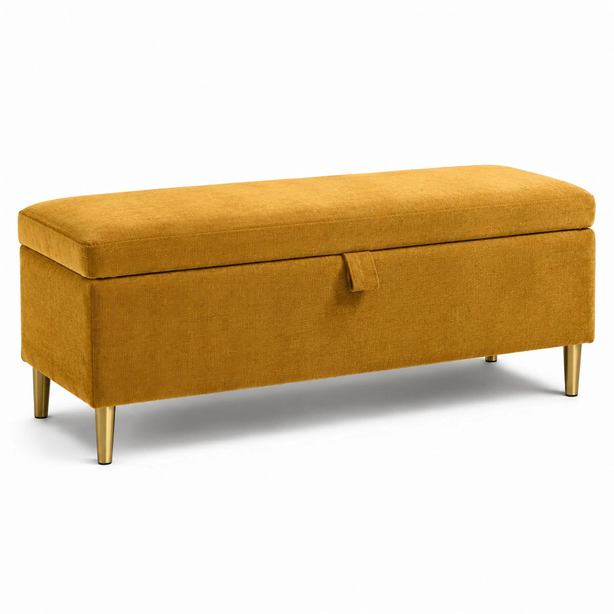 Sitzbank mit Stauraum, 110 × 40 × 45 cm, Senfgelb mit goldfarbenen Metallfüßen