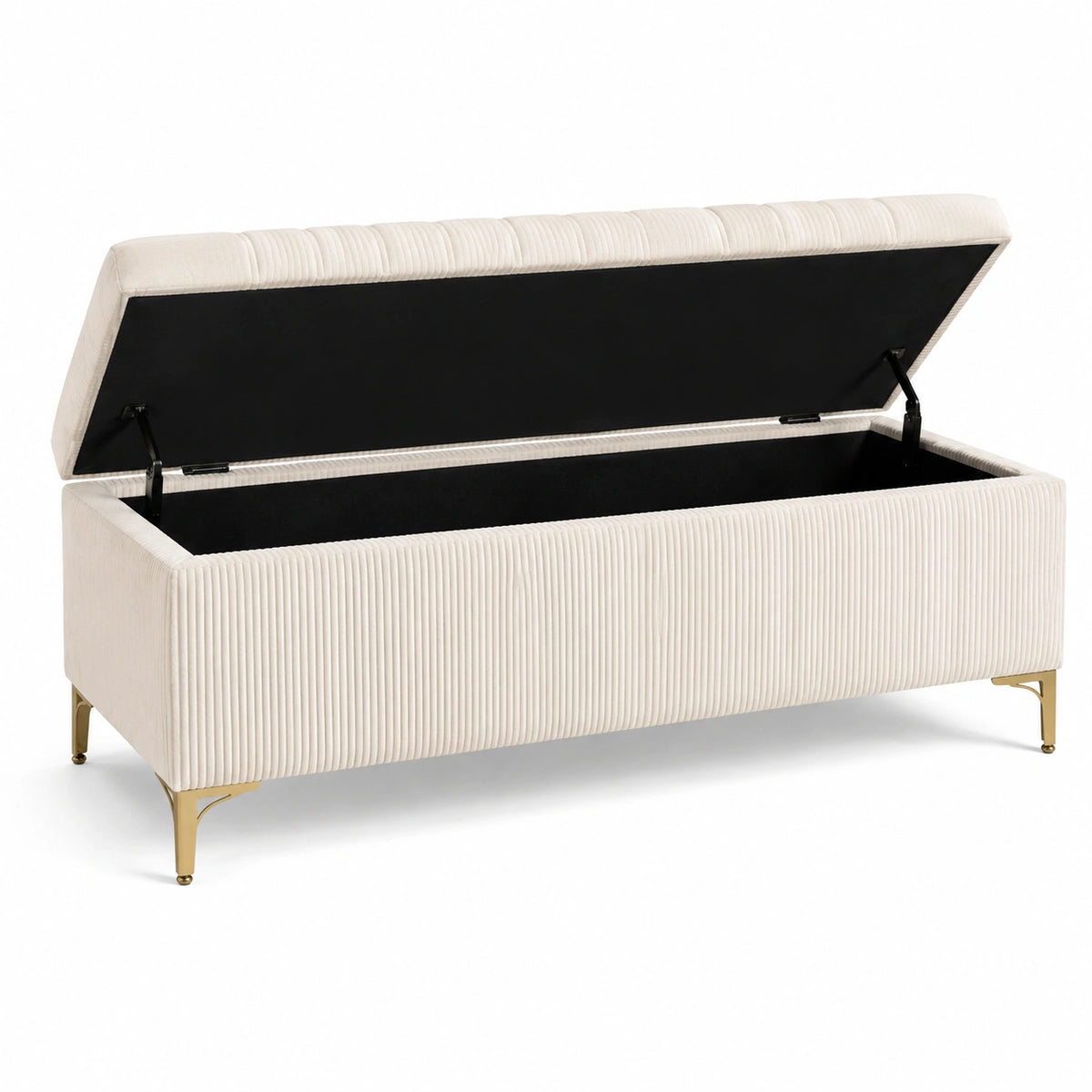 Gepolsterte Sitzbank mit Stauraum und Klappdeckel, 140 × 45 × 48 cm, Cord in Beige mit goldfarbenen Metallfüßen