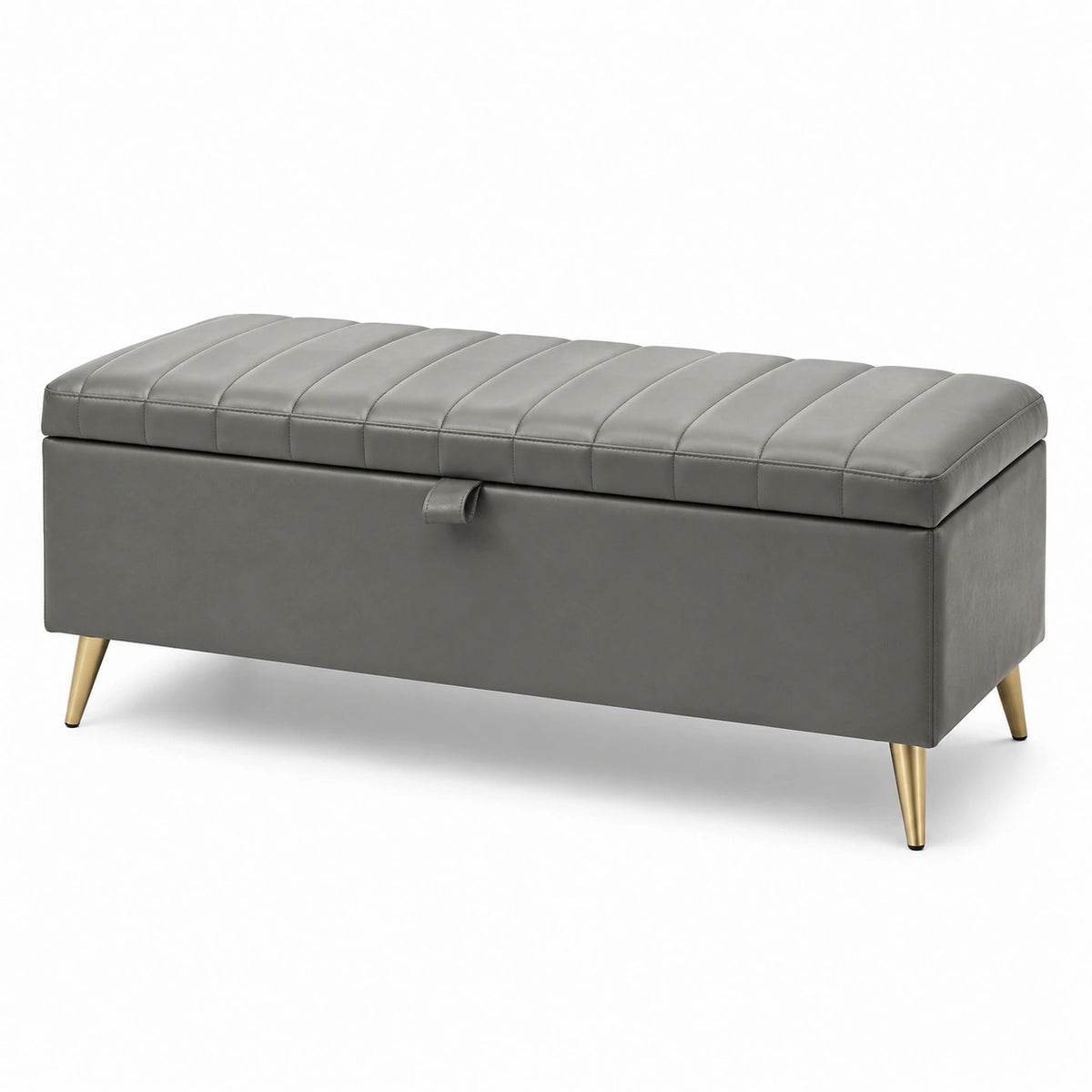 Gepolsterte Sitzbank mit Stauraum, graues Kunstleder und goldfarbene Füße, 110 × 40 × 45 cm