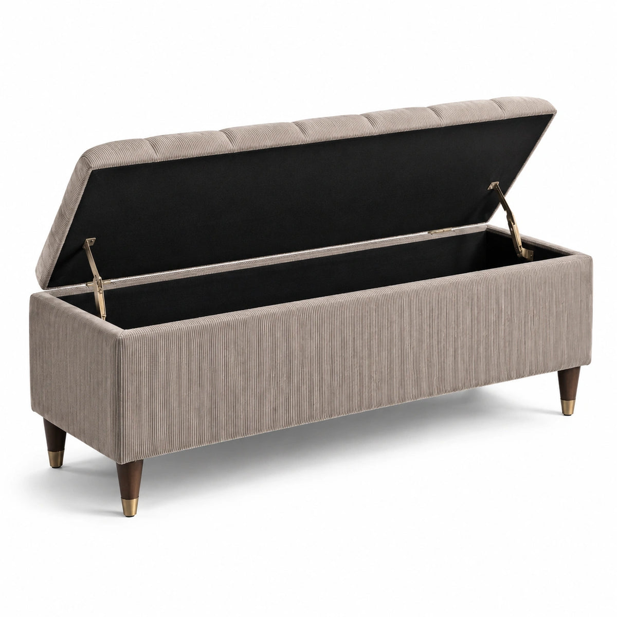 Gepolsterte Sitzbank mit Stauraum und Klappdeckel, Cordbezug in Taupe, 140 × 45 × 45 cm