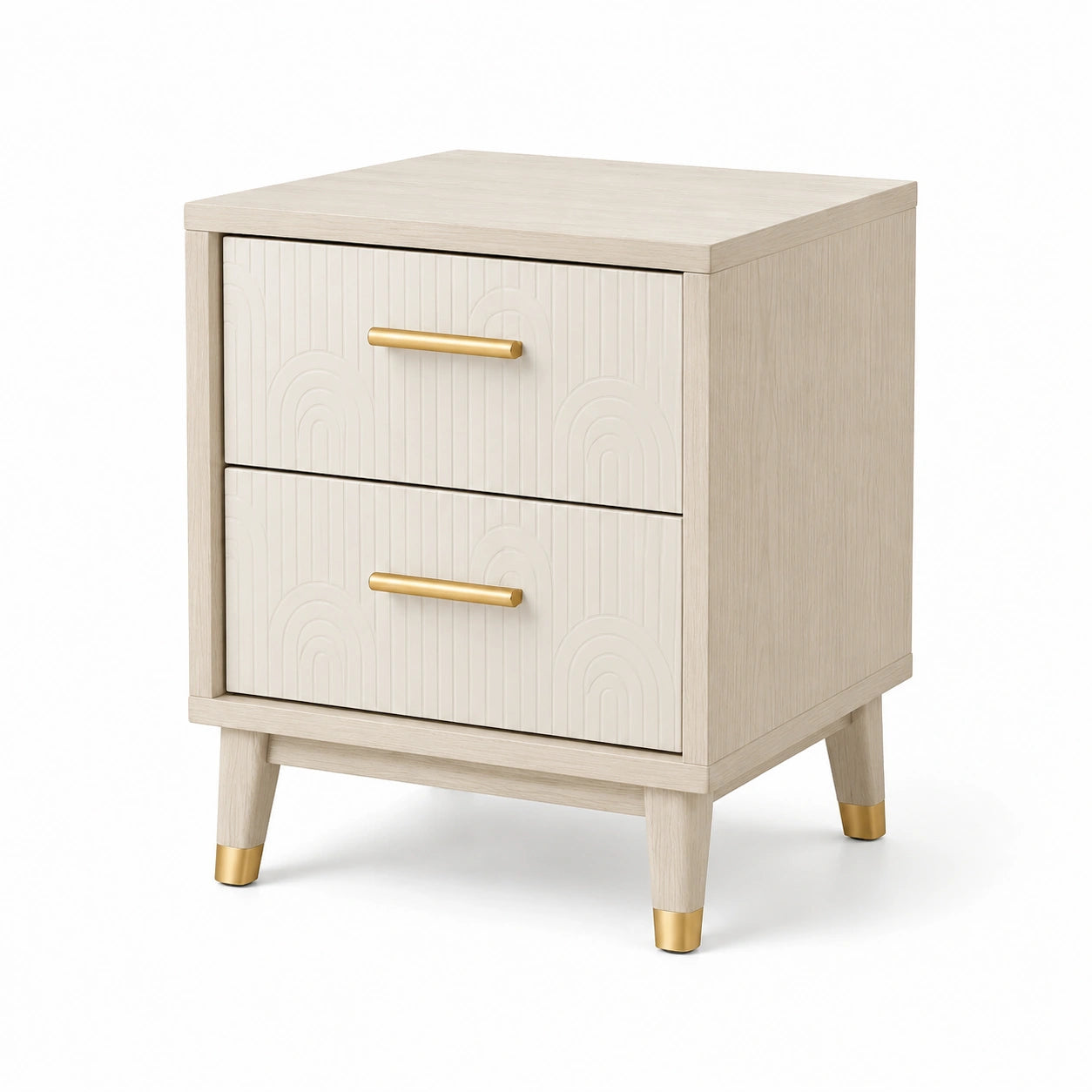 Nachttisch aus Holzwerkstoff in Cremeweiß, Beige und Gold, 50 × 40 × 65 cm, mit 2 Schubladen und Reliefdekor