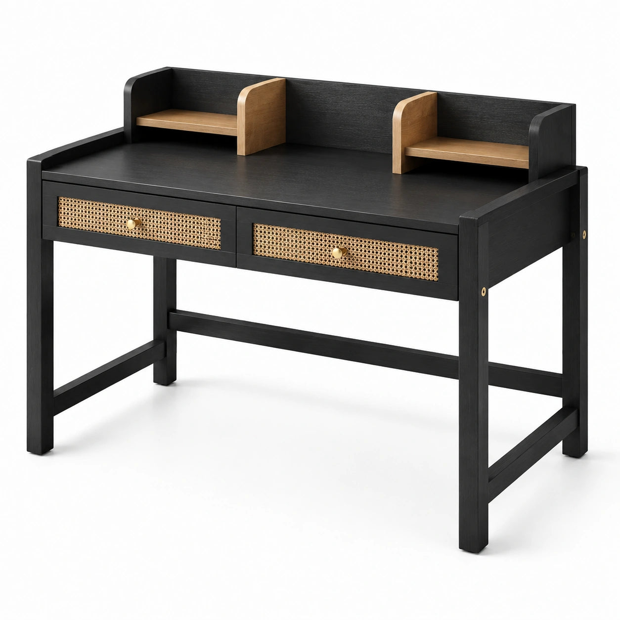 Schreibtisch mit Aufsatz, 2 Schubladen und Rattangeflecht, 120 × 60 × 110 cm, Schwarz/Natur