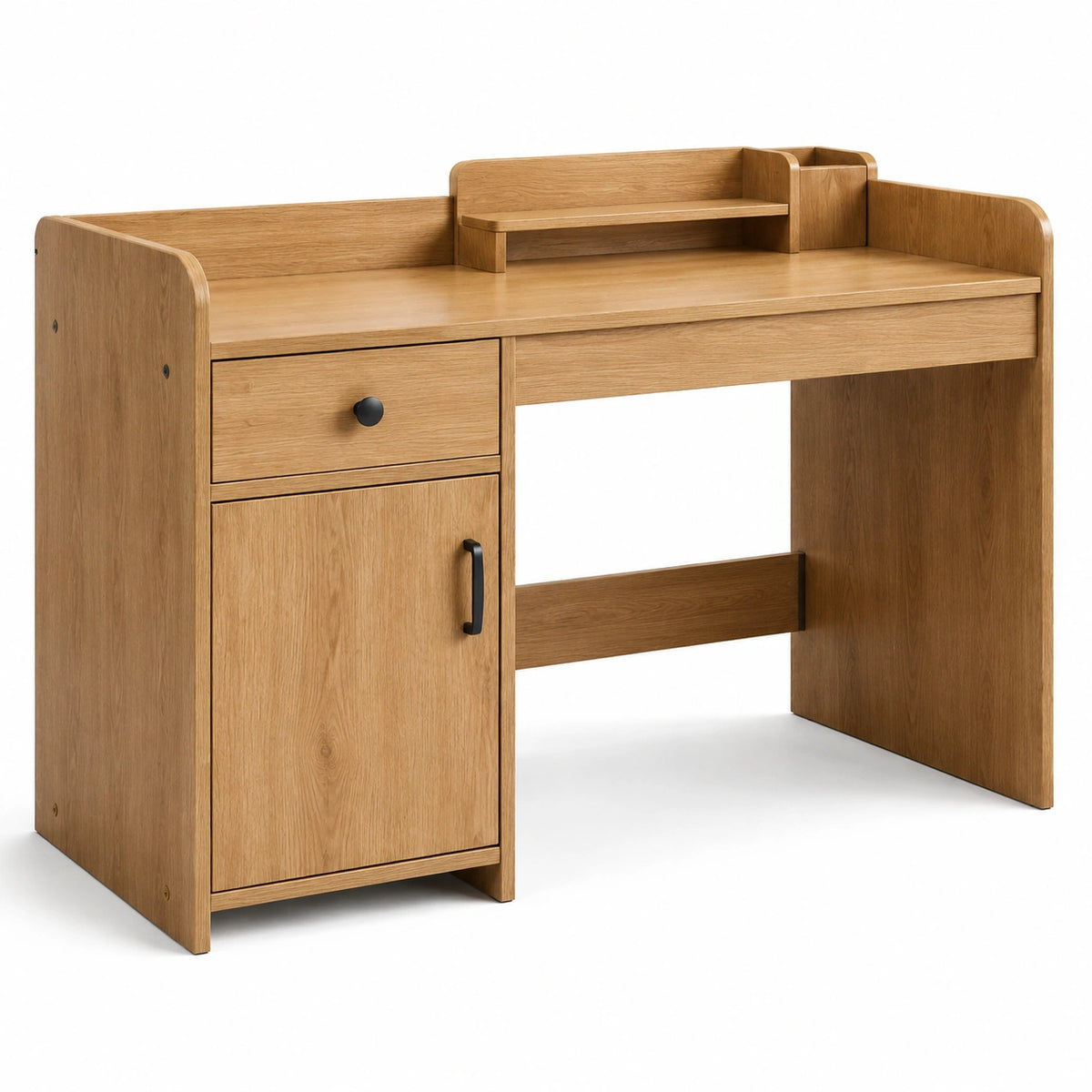 Schreibtisch aus Holzwerkstoff in Eichenoptik, 120 × 60 × 100 cm, Natur/Schwarz, mit Schublade, Schrankfach und Ablage