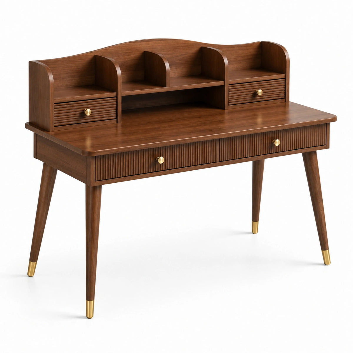 Schreibtisch mit Aufsatz, offenen Fächern und 4 Schubladen, 120 × 60 × 110 cm, Braun/Goldfarben