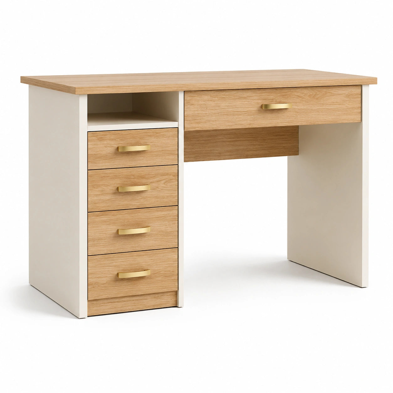 Moderner Schreibtisch mit 5 Schubladen und Ablagefach, Weiß/Eichefarben/Goldfarben, 120 × 55 × 76 cm