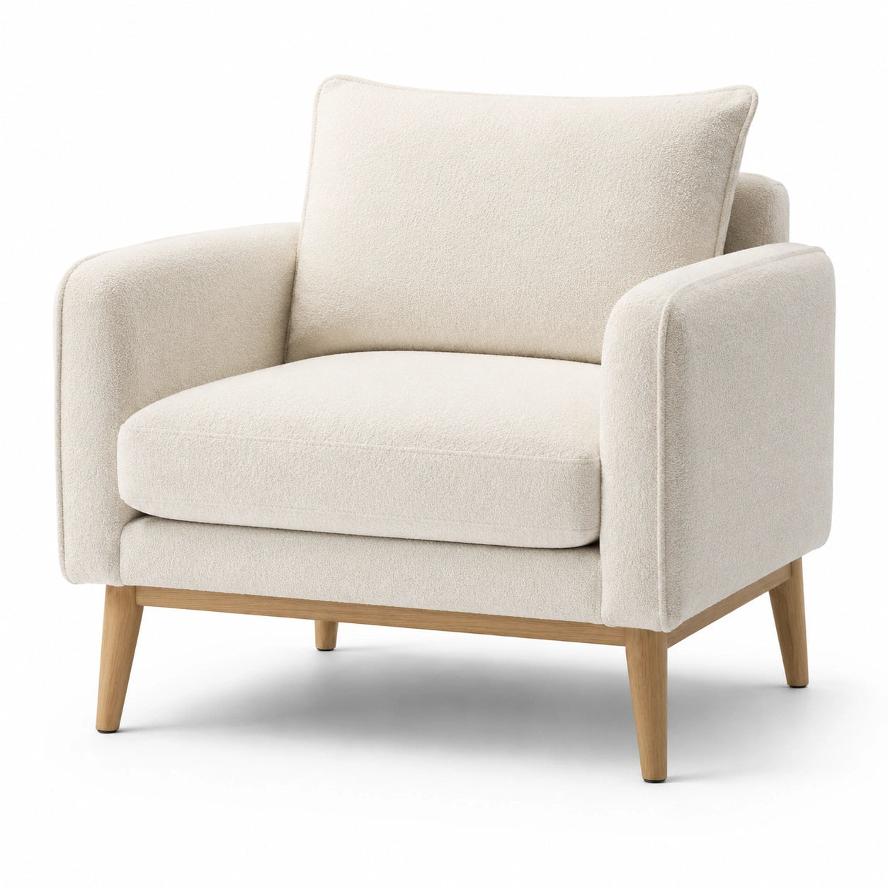 Moderner Bouclé-Loungesessel in Creme/Natur mit Holzbeinen, 91 × 86 × 84 cm