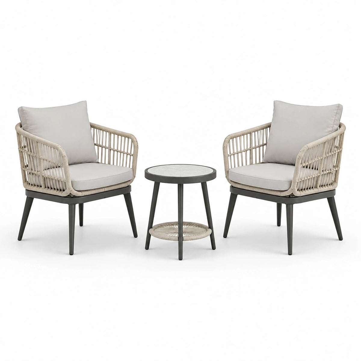 3-teiliges Gartenmöbel-Set mit 2 Sesseln 65 × 67 × 83 cm und rundem Tisch Ø 50 × 50 cm, Beige/Anthrazit/Grau