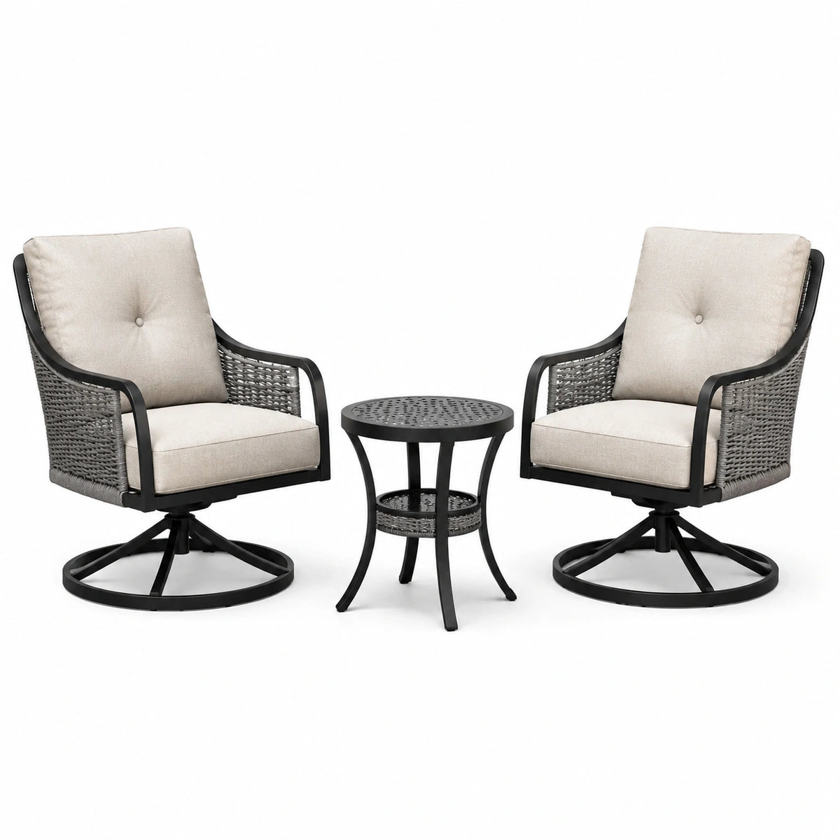 3-teiliges Gartenmöbel-Set mit 2 Drehsesseln 76 × 79 × 89 cm und Beistelltisch Ø 50 × 54 cm, Grau/Beige/Schwarz