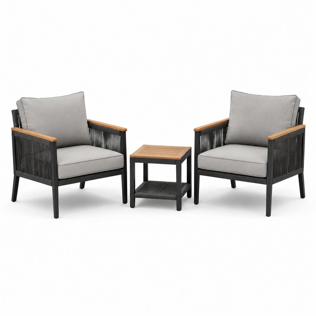 3-teiliges Gartenmöbel-Set mit 2 Sesseln 72 × 75 × 82 cm und Beistelltisch 45 × 45 × 50 cm, Grau/Schwarz/Braun