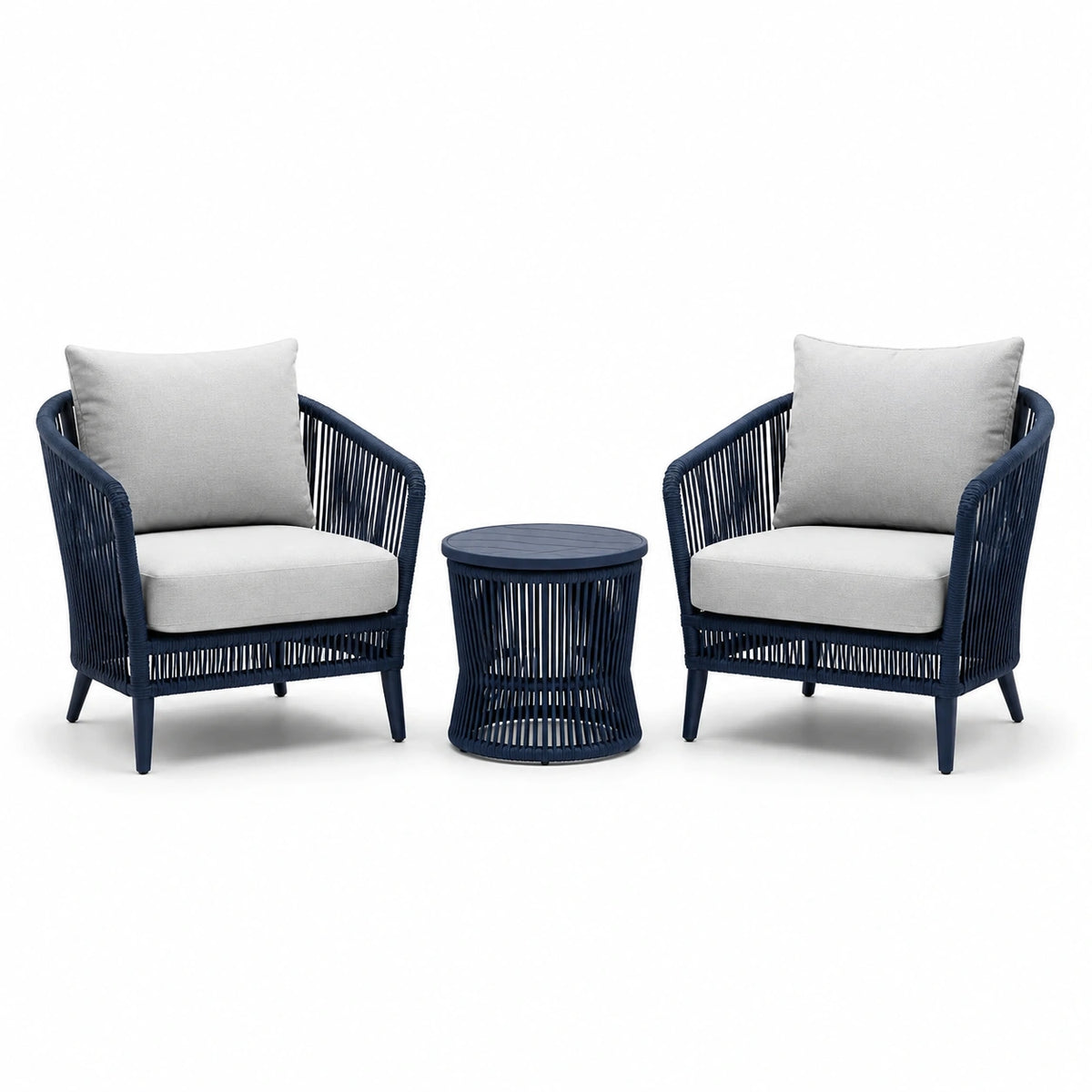3-teiliges Gartenmöbel-Set mit 2 Sesseln 71 × 75 × 80 cm und Beistelltisch Ø 46 × 45 cm, Dunkelblau/Hellgrau