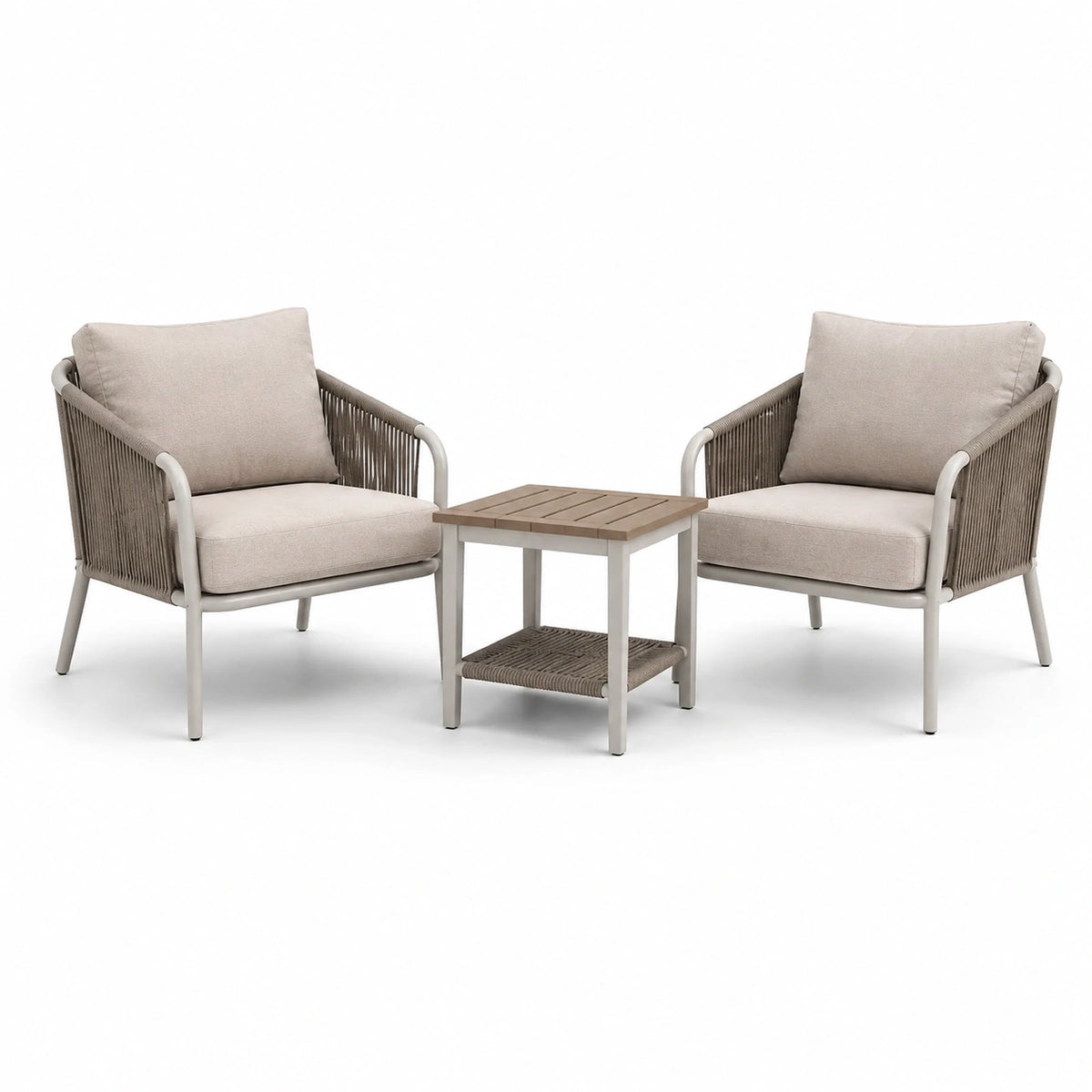 3-teiliges Gartenmöbel-Set in Beige, Taupe, Creme und Braun – 2 Sessel 76 × 75 × 82 cm und Beistelltisch 50 × 50 × 50 cm