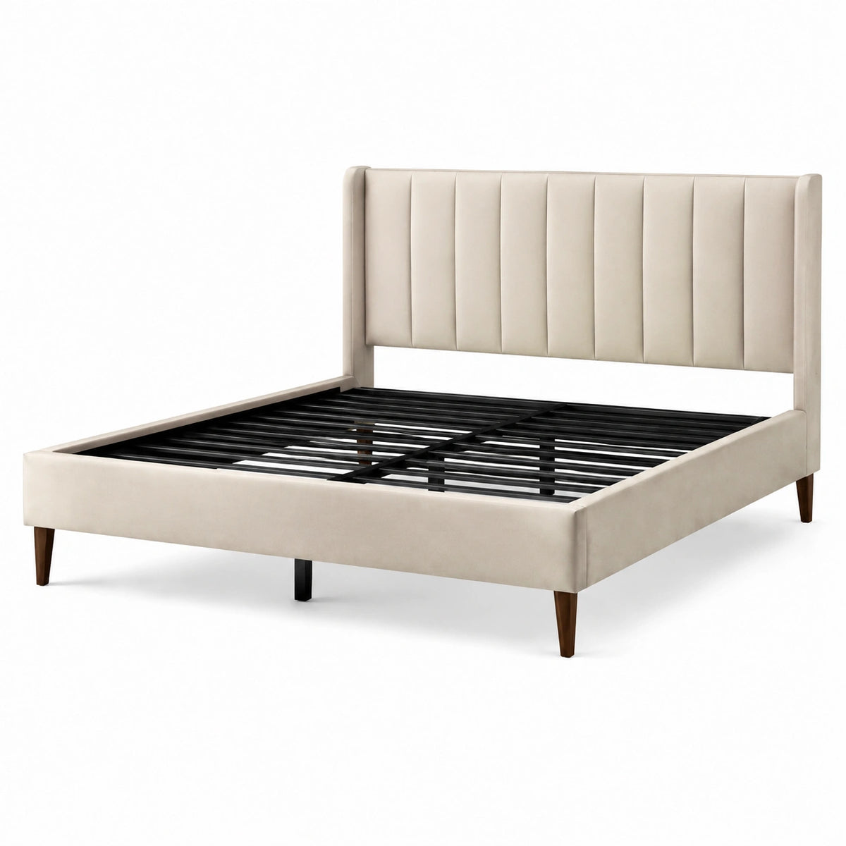 Modernes Polsterbett Beige mit hohem Kopfteil und Metall-Lattenrost, 217 × 171 × 110 cm, Liegefläche 160 × 200 cm
