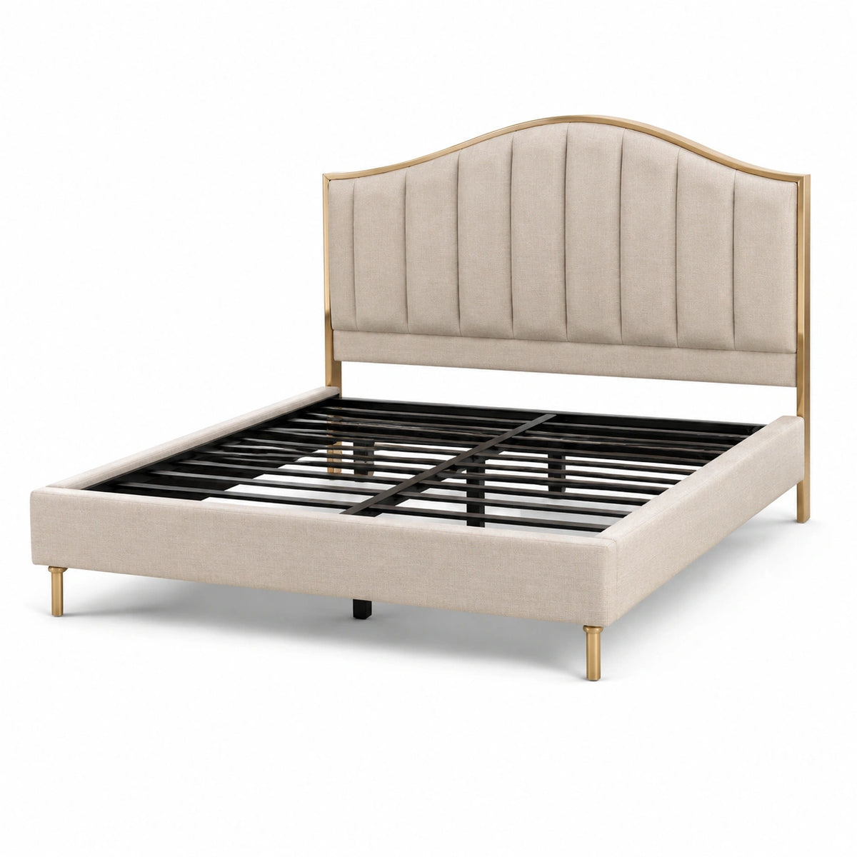 Modernes Polsterbett 160 × 200 cm, Beige/Goldfarben/Schwarz, mit hohem Kopfteil und Metalllattenrost