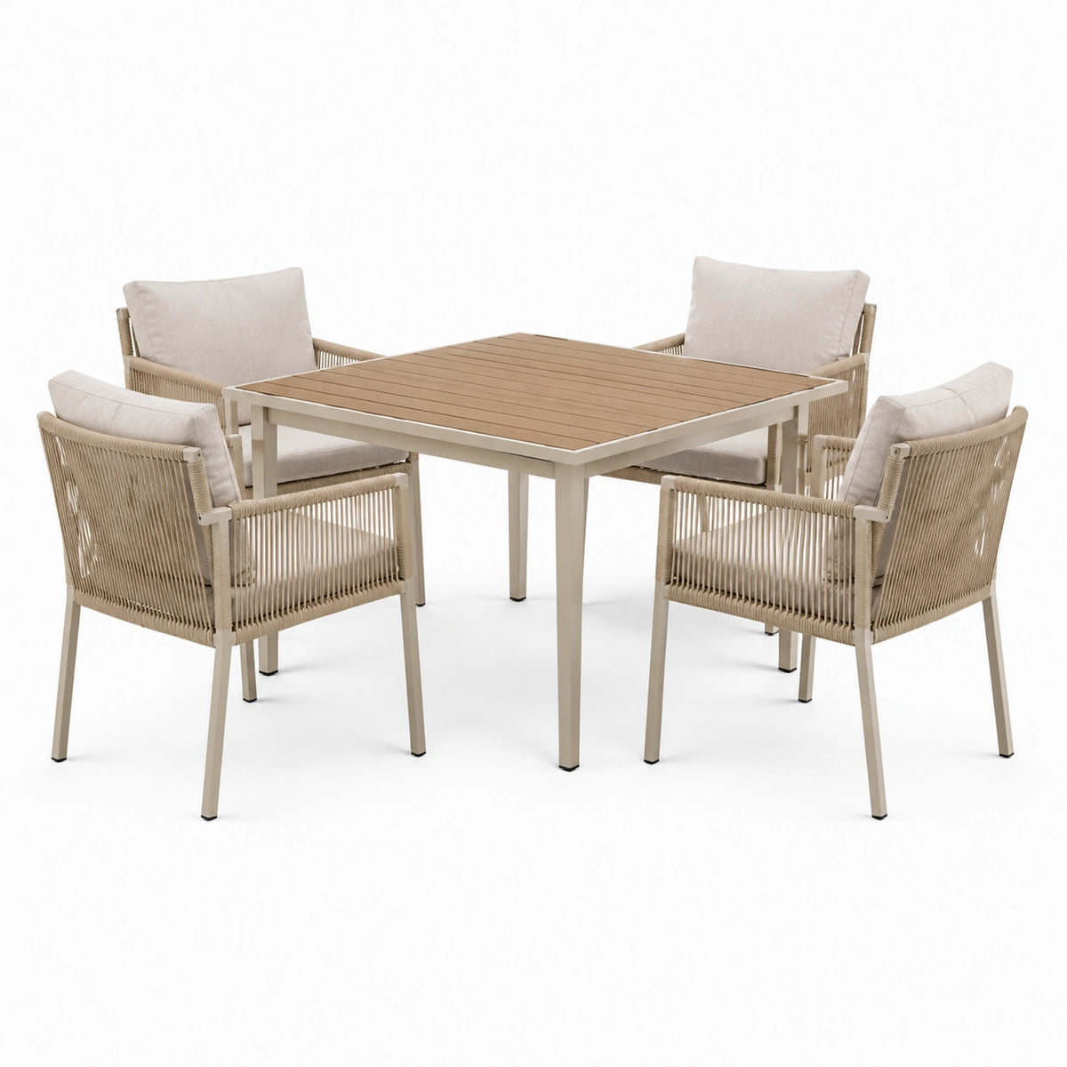 5-teilige Garten-Essgruppe in Beige/Braun mit Tisch 90 × 90 × 75 cm und 4 Armlehnstühlen 58 × 62 × 84 cm