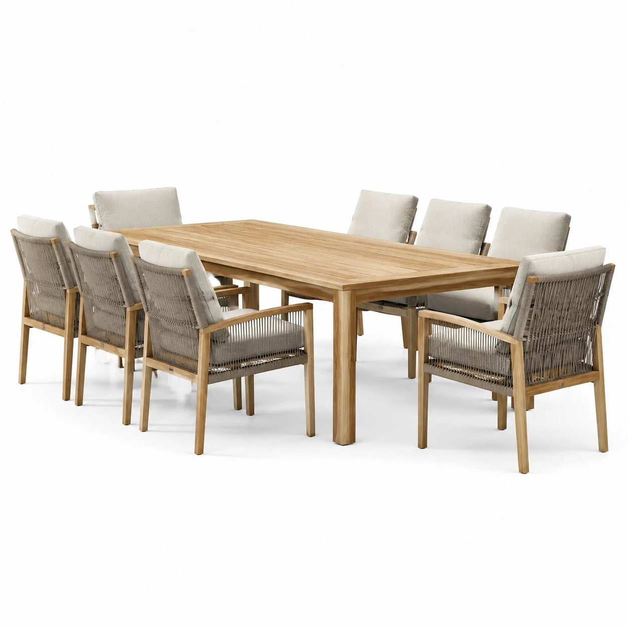 9-teiliges Gartenmöbel-Set mit Esstisch 220 × 100 × 75 cm und 8 Armlehnstühlen 60 × 62 × 88 cm, Natur/Greige
