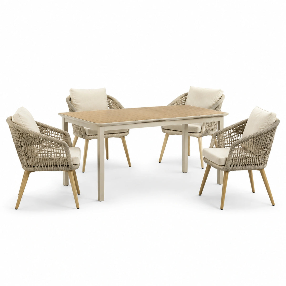 5-teiliges Gartenmöbel-Set mit Tisch 160 × 90 × 75 cm und 4 Armlehnstühlen 62 × 61 × 82 cm, Beige/Hellbraun/Cremeweiß