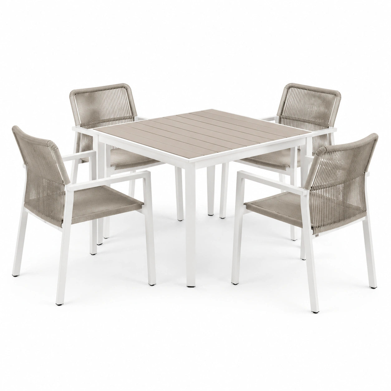 5-teiliges Gartenmöbel-Set mit Tisch 90 × 90 × 75 cm und 4 Armlehnstühlen 56 × 60 × 84 cm, Weiß/Taupe