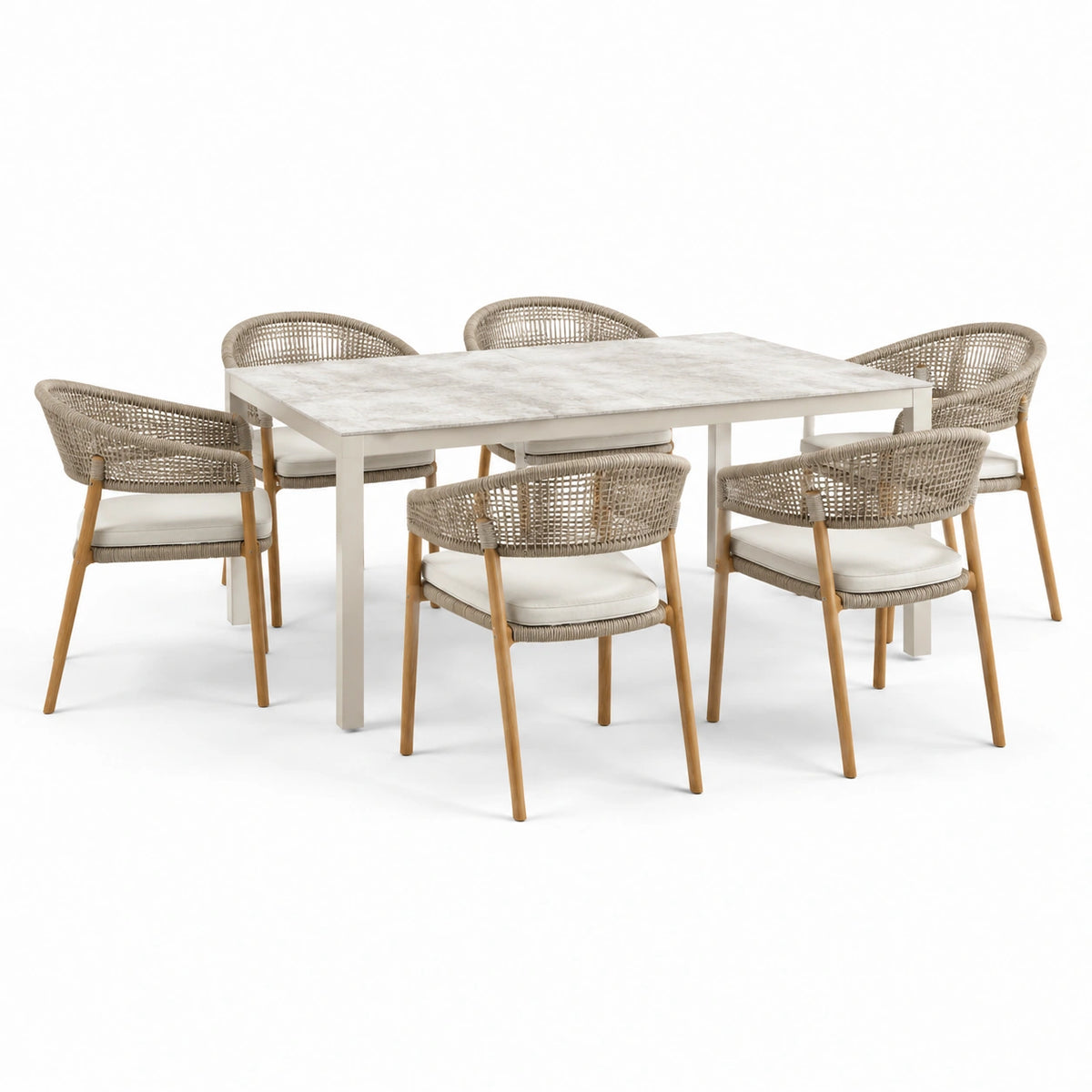 7-teiliges Gartenmöbel-Set für 6 Personen, Tisch 180 × 90 × 75 cm, 6 Armlehnstühle 58 × 60 × 80 cm, Beige/Weiß/Braun