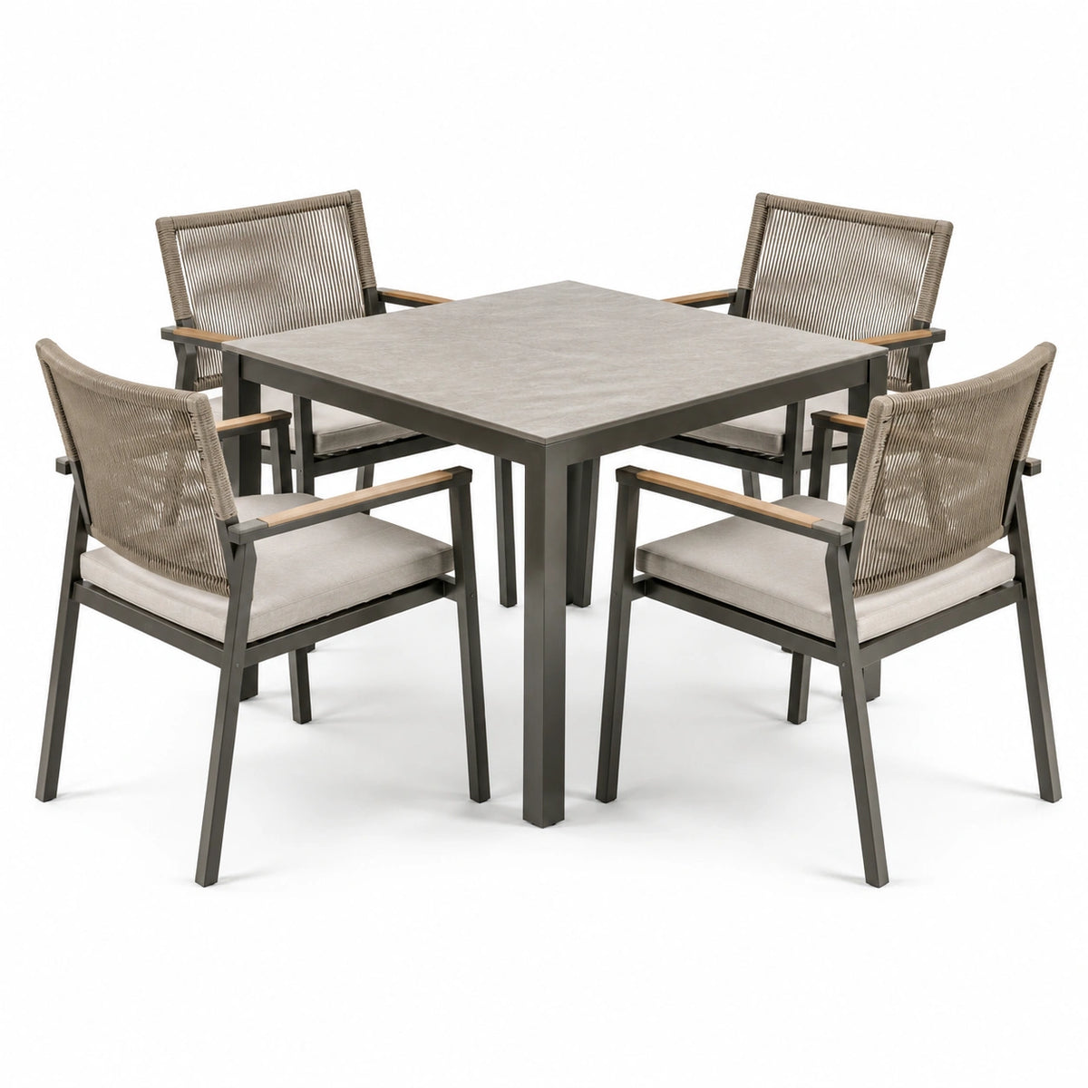 5-teilige Garten-Essgruppe Dunkelgrau/Taupe/Beige/Hellbraun mit Tisch 100 × 100 × 75 cm und 4 Armlehnstühlen 60 × 64 × 88 cm