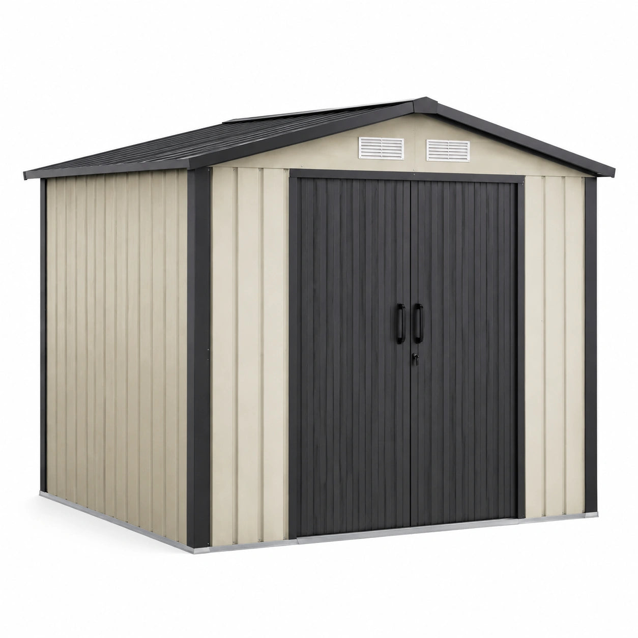 Metall-Gerätehaus 277 × 191 × 202 cm in Beige/Anthrazit/Weiß mit abschließbarer Doppeltür und Lüftungsöffnungen