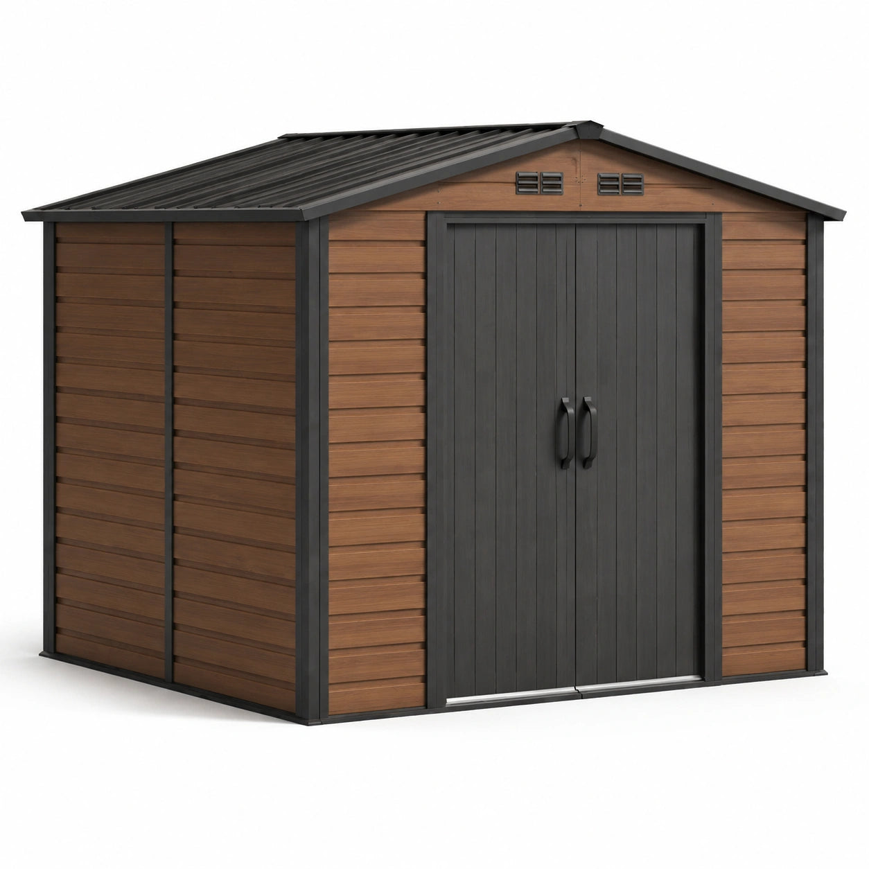Gartengerätehaus aus Kunststoff und Metall, 238 × 183 × 214 cm, Braun/Anthrazit, mit Doppeltür und Satteldach