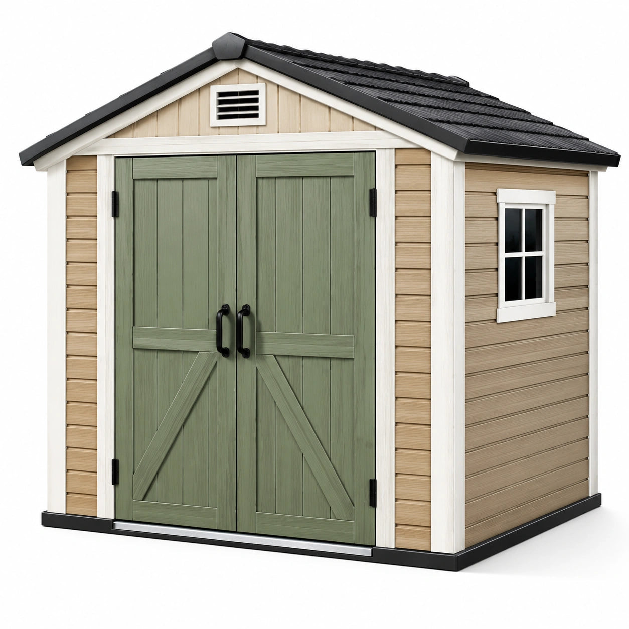 Kunststoff-Gerätehaus 180 × 125 × 205 cm in Beige/Grün/Weiß/Schwarz mit Doppeltür, Fenster und Lüftung