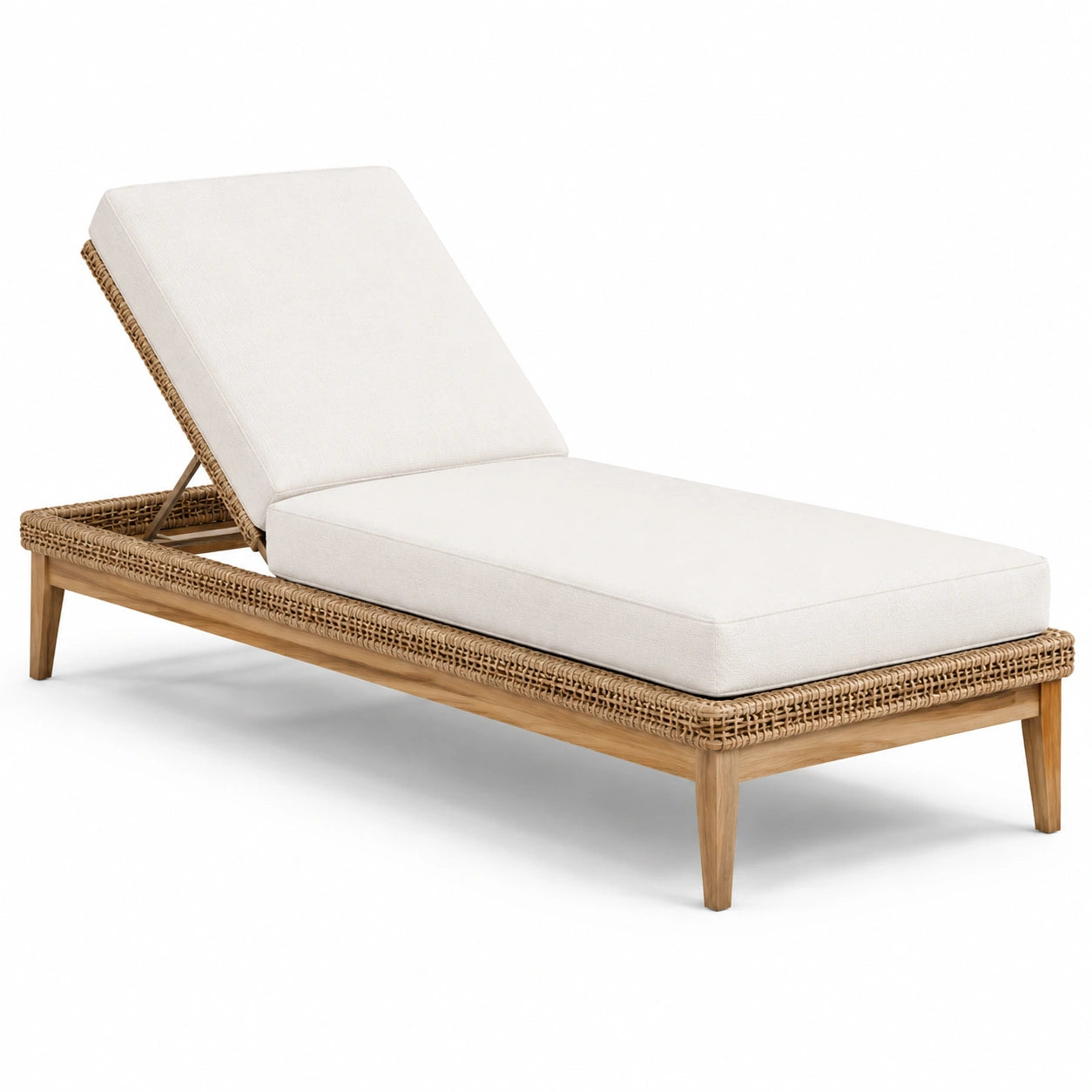 Gartenliege mit verstellbarer Rückenlehne, Holzgestell und Geflecht, Natur/Beige, 200 × 75 × 98 cm