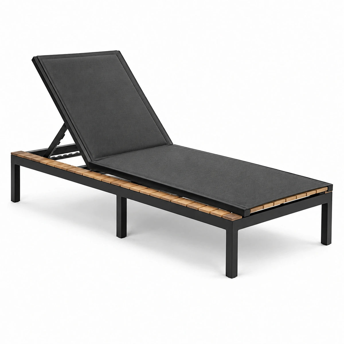 Verstellbare Gartenliege aus Metall und Textilgewebe, Schwarz/Dunkelgrau/Naturbraun, 198 × 65 × 95 cm