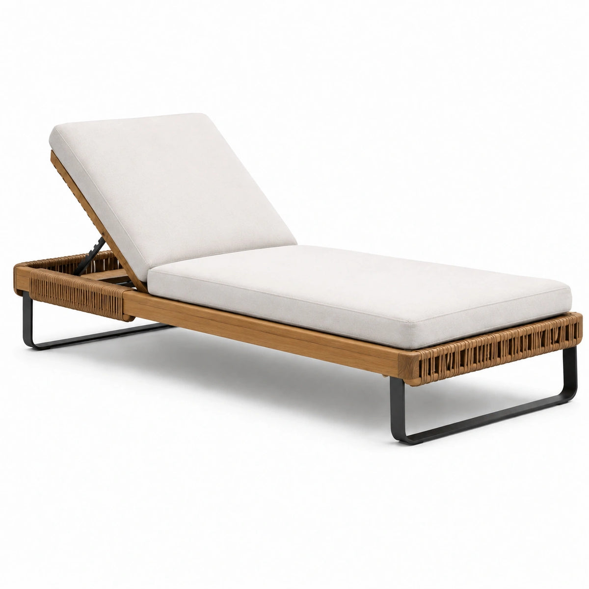 Verstellbare Gartenliege aus Holz, Metall und Geflecht mit Polsterauflage, Beige/Braun/Schwarz, 200 × 75 × 35 cm