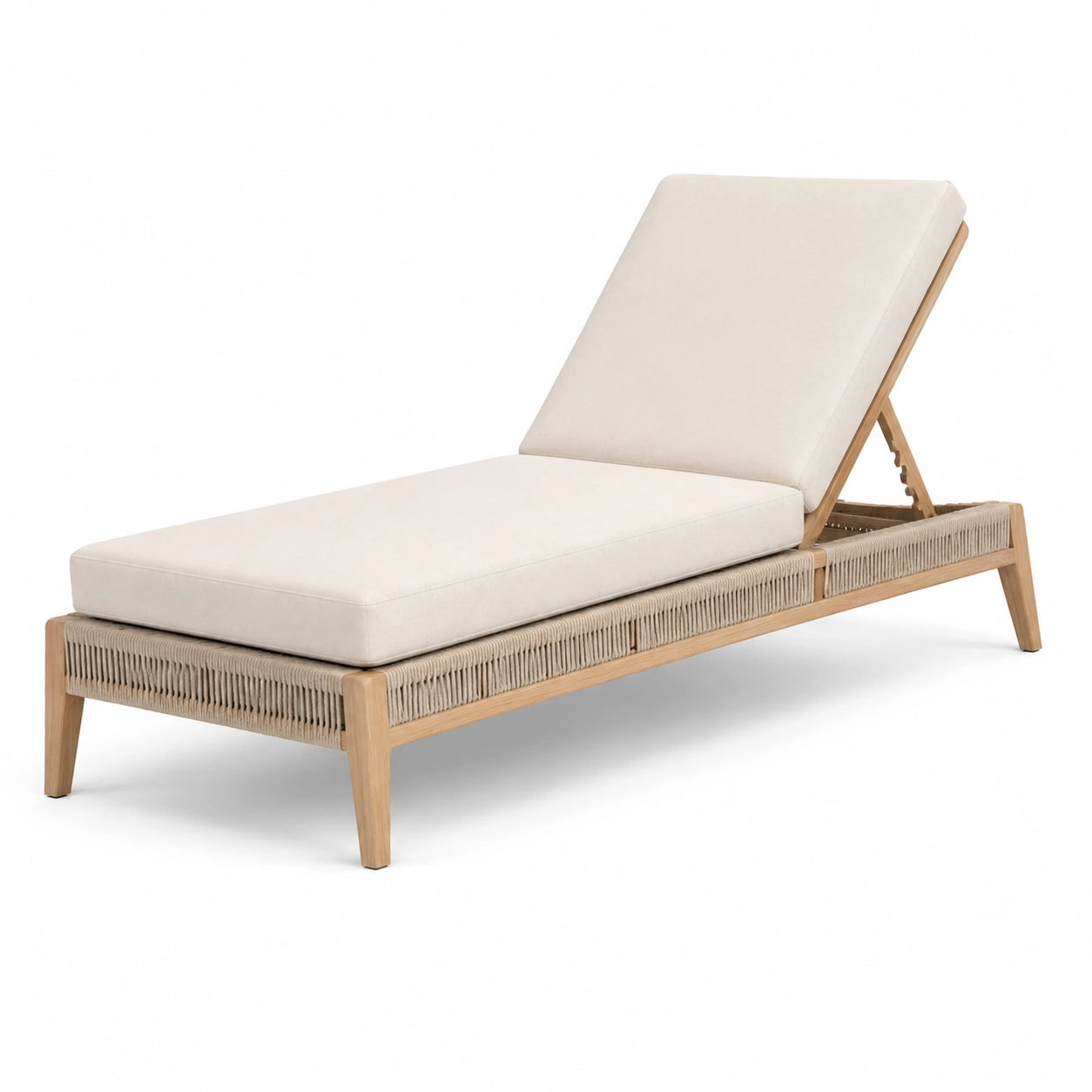 Gartenliege aus Holz mit Textilgeflecht und verstellbarer Rückenlehne, Creme/Beige/Naturholz, 200 × 75 × 95 cm