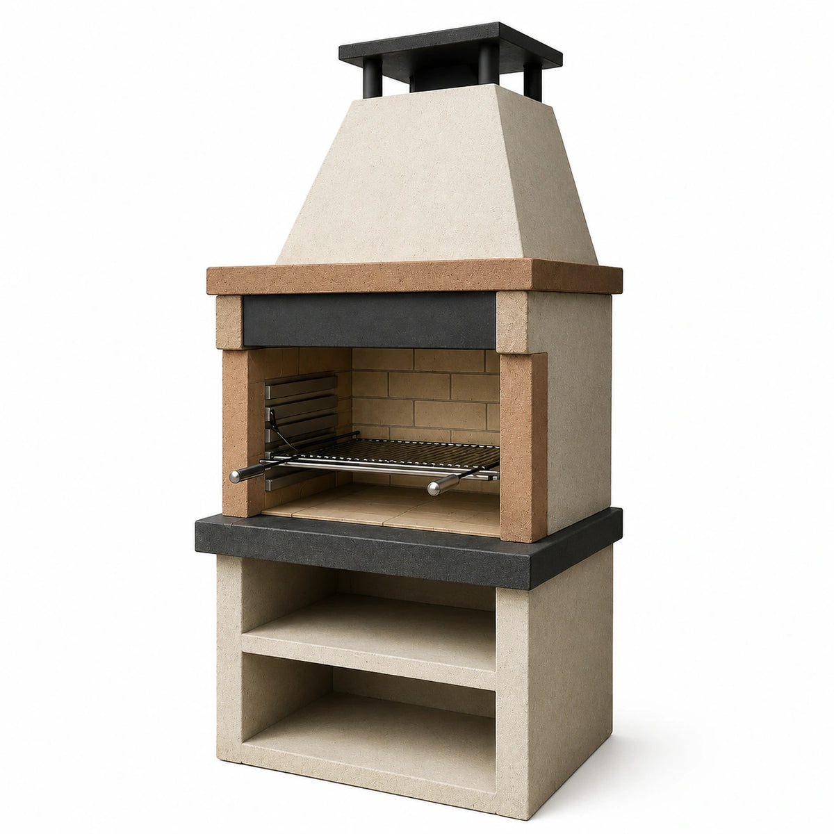 Gartenkamin aus Beton und Metall mit Grillrost und Ablagefächern, Beige/Braun/Schwarz, 90 × 60 × 210 cm