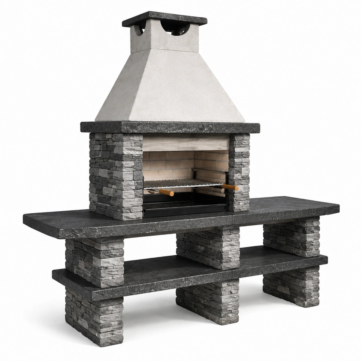 Gartenkamin mit Holzkohlegrill, Grillrost und Ablageflächen, 200 × 70 × 230 cm, Grau/Schwarz