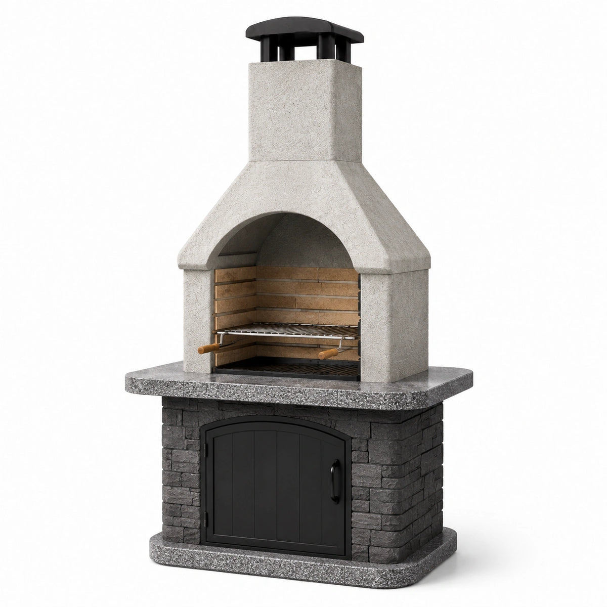 Gartenkamin mit höhenverstellbarem Grillrost, 110 × 65 × 210 cm, Hellgrau/Dunkelgrau/Schwarz/Braun
