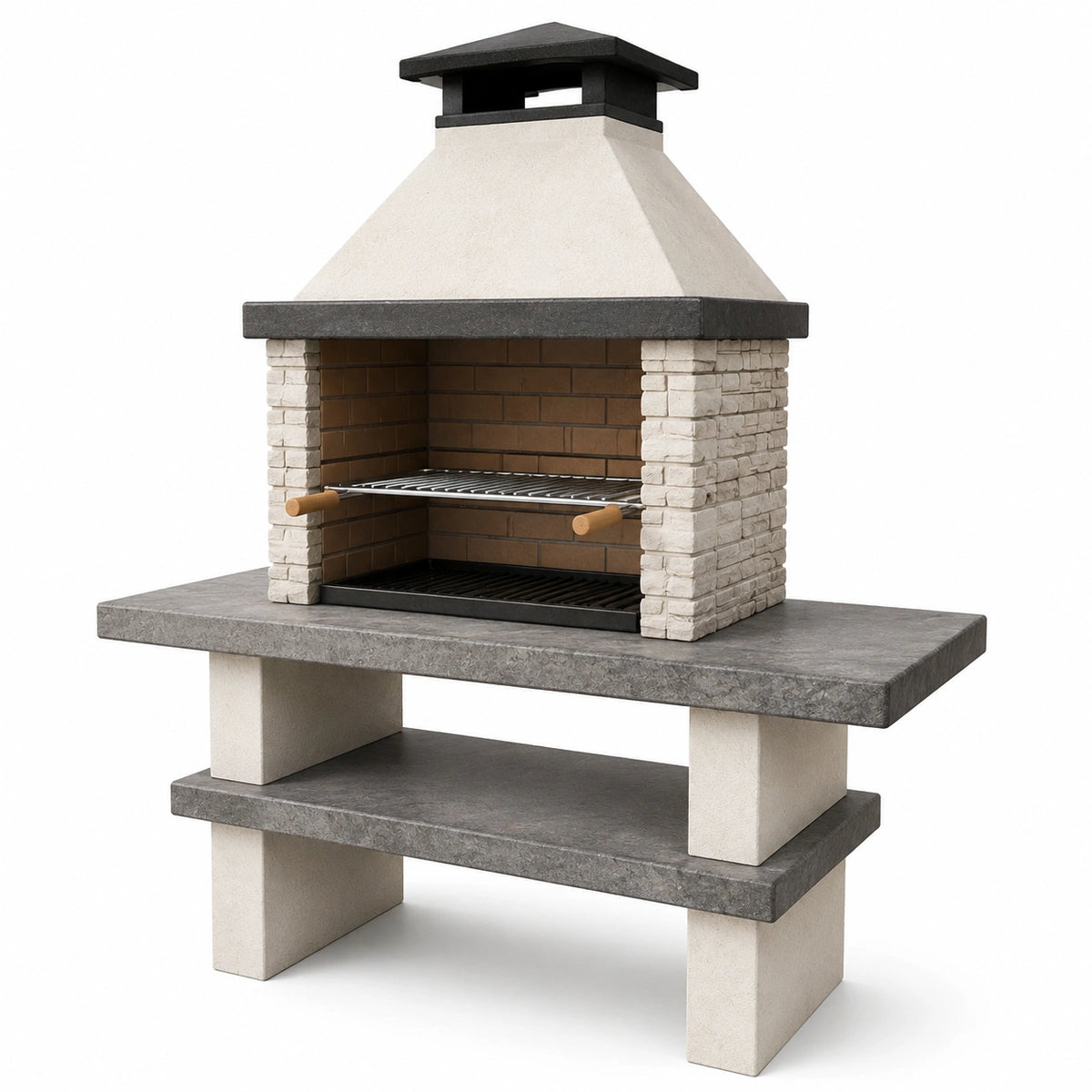 Garten-Grillkamin aus Betonstein und Metall mit Grillrost und Ablage, Weiß/Grau/Braun/Schwarz, 160 × 70 × 220 cm