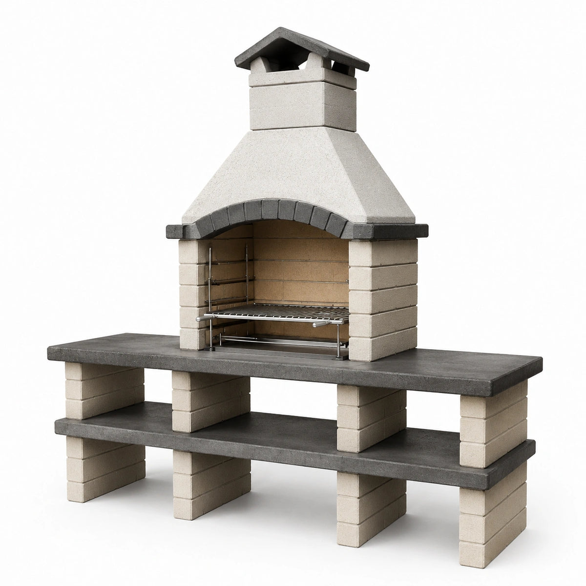 Garten-Grillkamin aus Betonstein mit Grillrost und Ablageflächen, Beige/Anthrazit, 200 × 60 × 220 cm