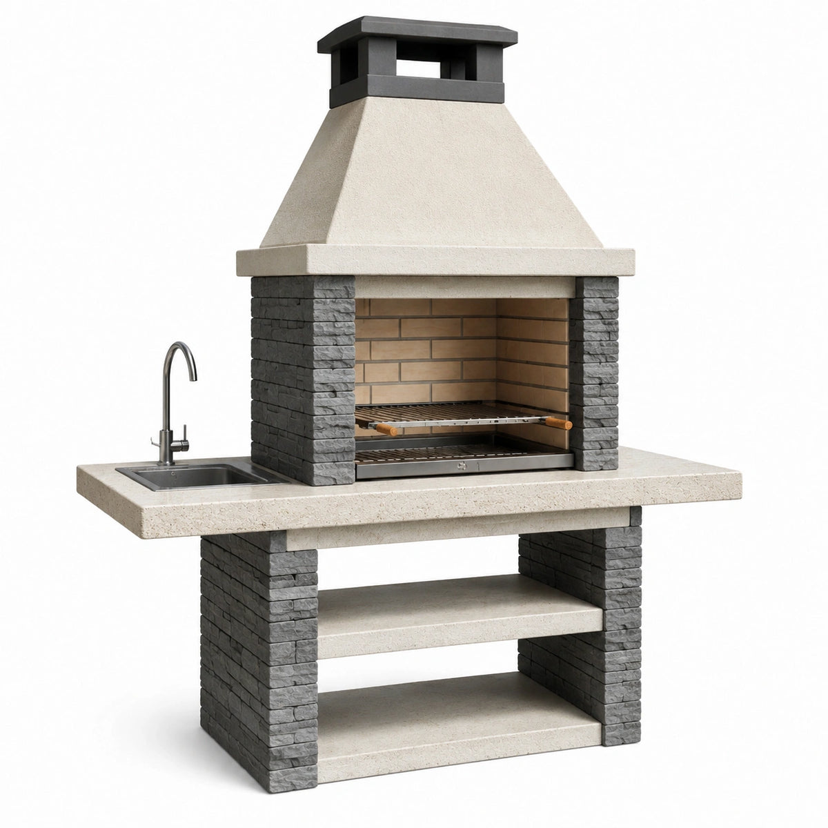 Grillkamin mit Spüle und Ablageflächen, 180 × 70 × 220 cm, Beige/Grau/Schwarz/Silber