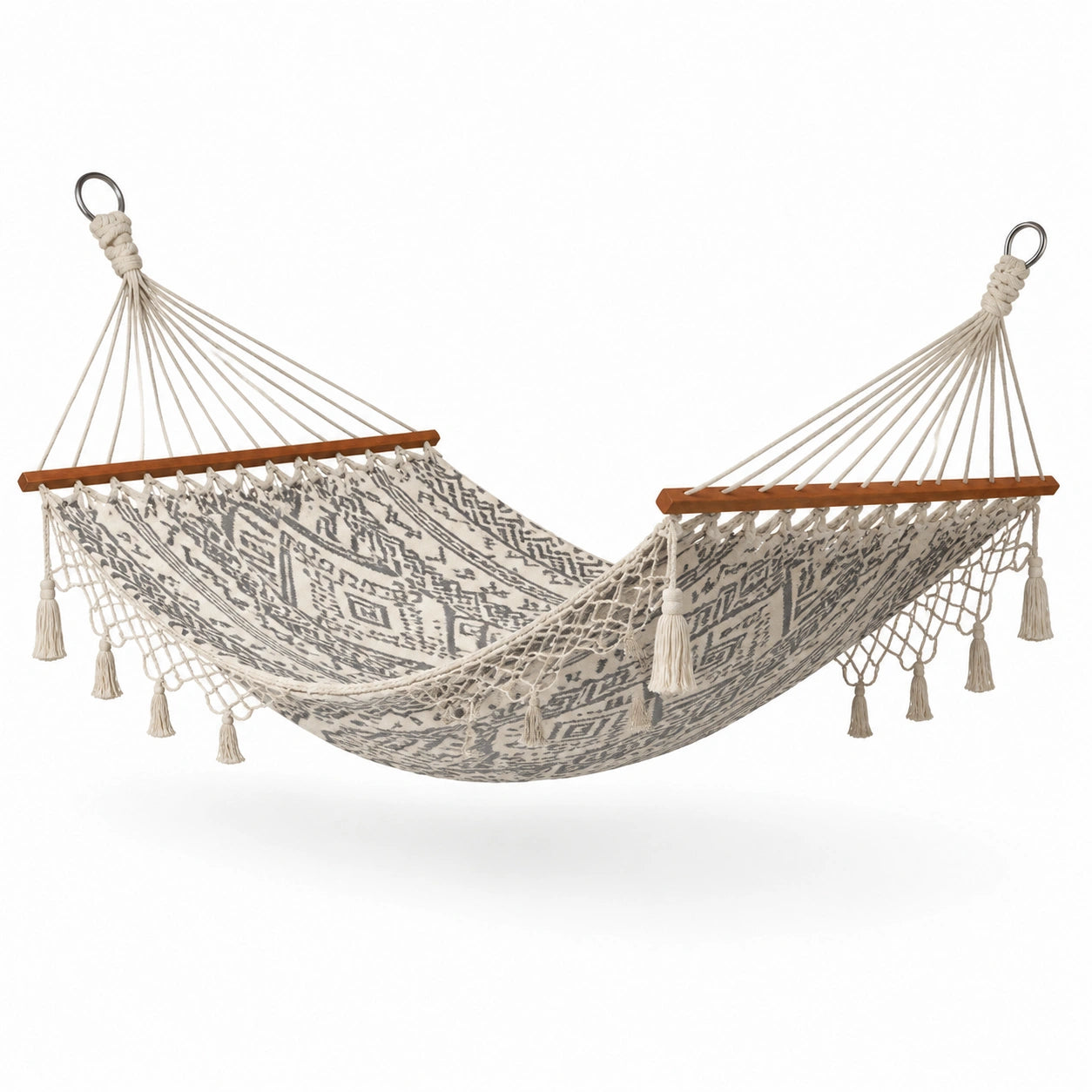 Hängematte aus Baumwollmischgewebe mit Holzspreizstäben, Beige/Grau/Braun, 300 × 150 × 2 cm