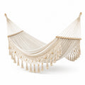 Boho-Hängematte aus Baumwolle und Holz, 200 × 150 × 1 cm, Beige/Natur, mit Fransen und Holzperlen