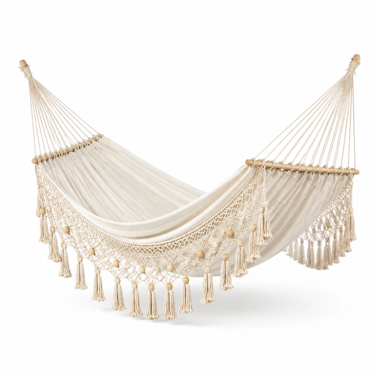 Boho-Hängematte aus Baumwolle und Holz, 200 × 150 × 1 cm, Beige/Natur, mit Fransen und Holzperlen