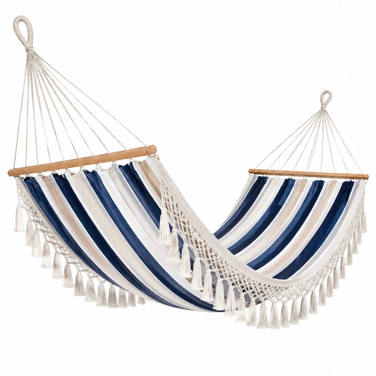 Gestreifte Hängematte mit Fransen und Holzspreizstäben, Blau/Weiß/Beige/Natur, 200 × 100 × 3 cm